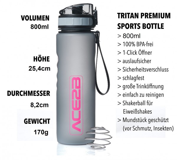ace2b Trinkflasche Sportflasche Fitnessflasche Pink 800ml mit Shaker Ball Sieb