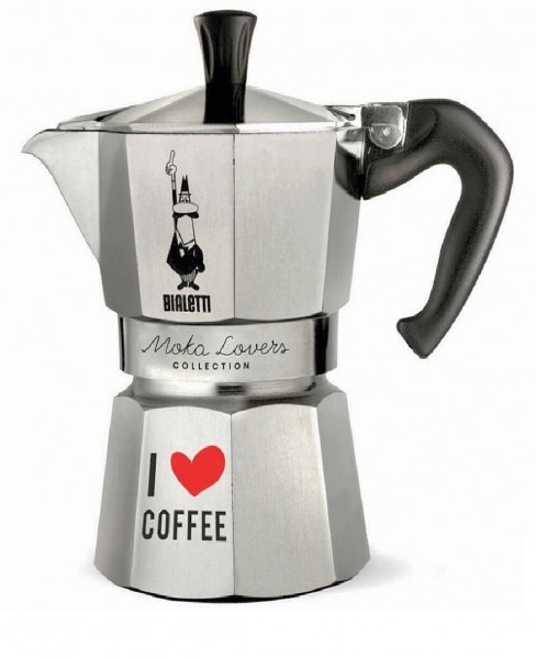 BIALETTI Espressokocher Moka Lovers I love coffee für 6 Tassen Silber