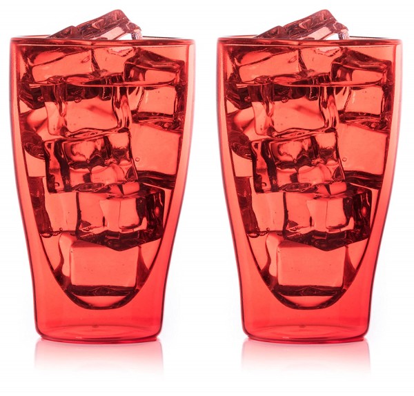 2 x Jumbo Tee -Kaffee Wasser Glas Eisbecher Thermoglas Doppelwandig 400ml Rot