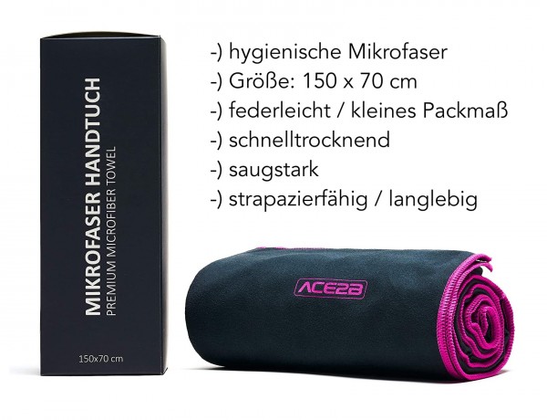 ace2b Fitness Handtuch Mikrofaser schnelltrocknend 150cm x 70cm Pink Ultraleicht 180g