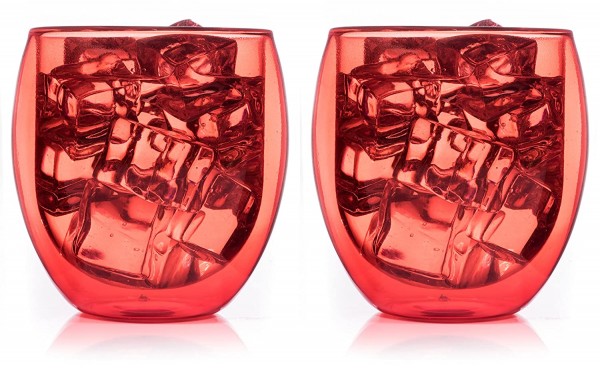 2 x Tee -Kaffee Cocktail-Glas Eisbecher Thermoglas Doppelwandig 320ml Bauchig Rot