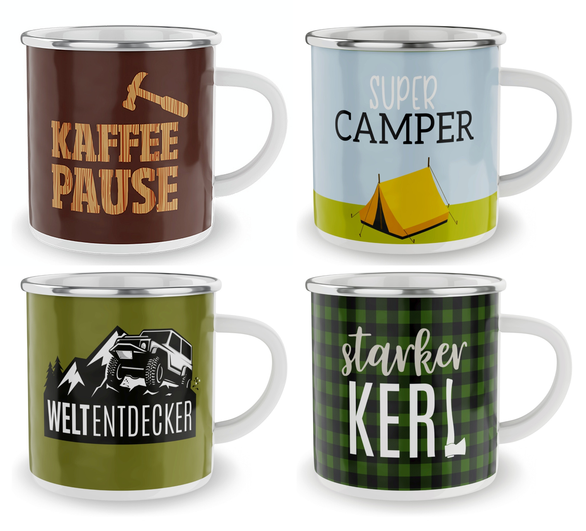 #10976 Kaffee Tee Kanne Becher Set Emaille Email Outdoor Shabby Camping Angler 