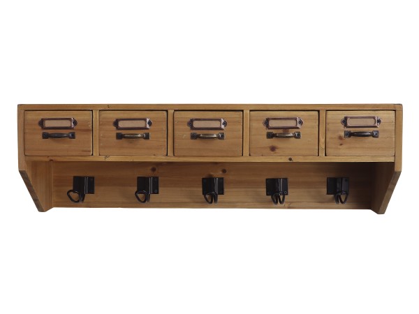 Wandregal Regal Holz mit 5 Schubladen und 5 Haken Braun Chic Antique 41065700