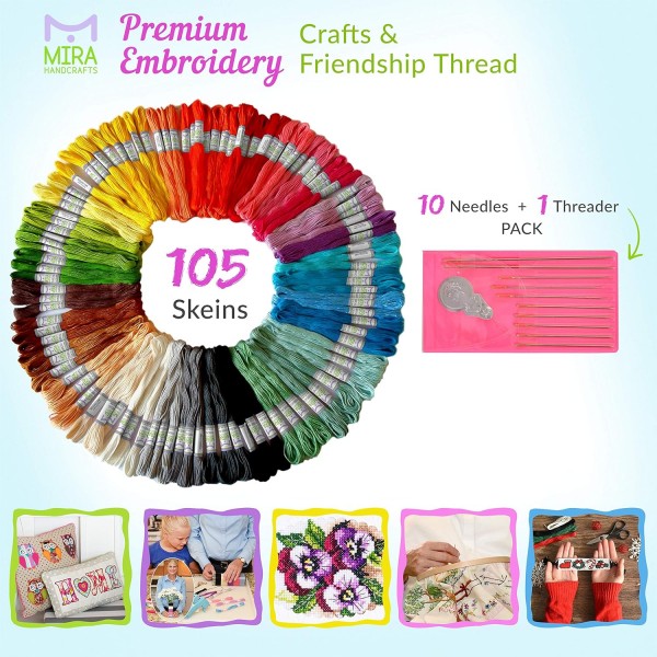 105 x Baumwollgarn in Regenbogen Farben für Stickerei + Qualitäts-Sticknadeln