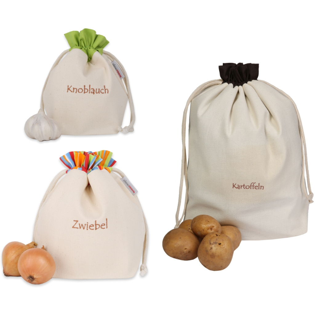 Knoblauch-Beutel-Tasche Gemüse- Kartoffel- slowroom Brot- Baguett- Obst- 