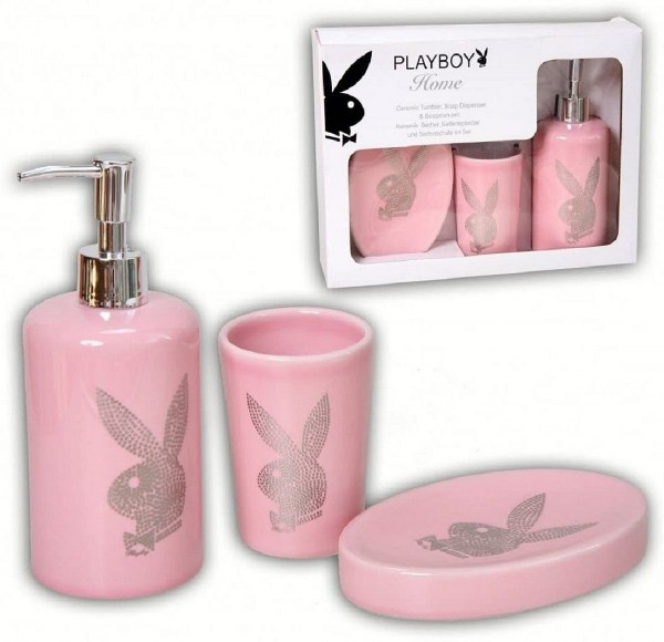 Playboy Home 3er Bad Set Bunny Strass Silver Rosa, Seifenspender, Seifenschale