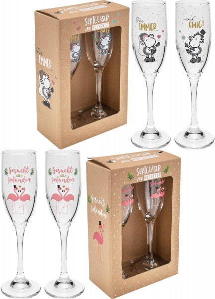 Prosecco Glas Sektglas-Set in Geschenkbox zur Hochzeit Sheepworld Motiv wählbar