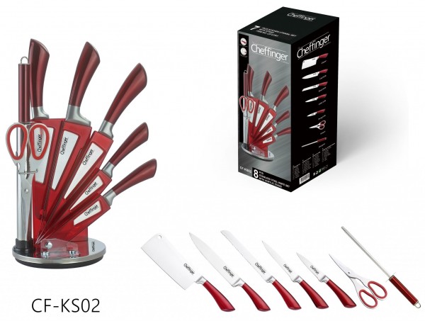 Messer Kochmesser Messerständer Messerset 8-tlg. rot Cheffinger CF-KS02