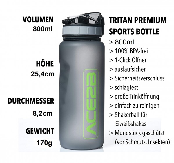ace2b Trinkflasche Sportflasche Fitnessflasche Grün 800ml mit Shaker Ball Sieb
