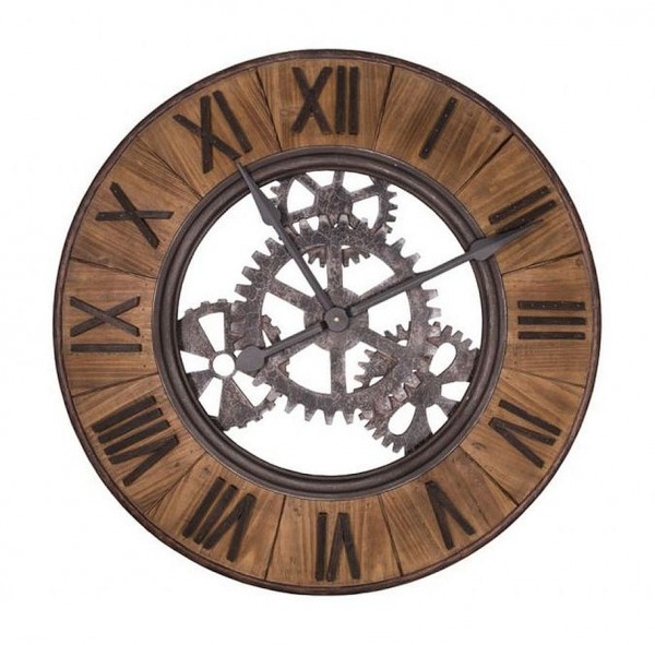 Wanduhr Uhr D 80cm Holz Metall Rund Industrial Factory Antic Line SEB15766
