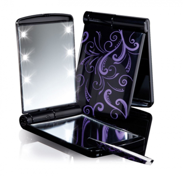 NEU Taschenspiegel Kosmetikspiegel, Lila/Schwarz mit 8 LED Leuchten und Pinzette