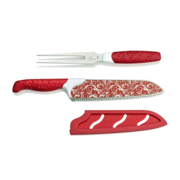 Genius - Magic Cut Messer Fleischgabel Set 3-tlg. Küchenmesser Kochmesser rot